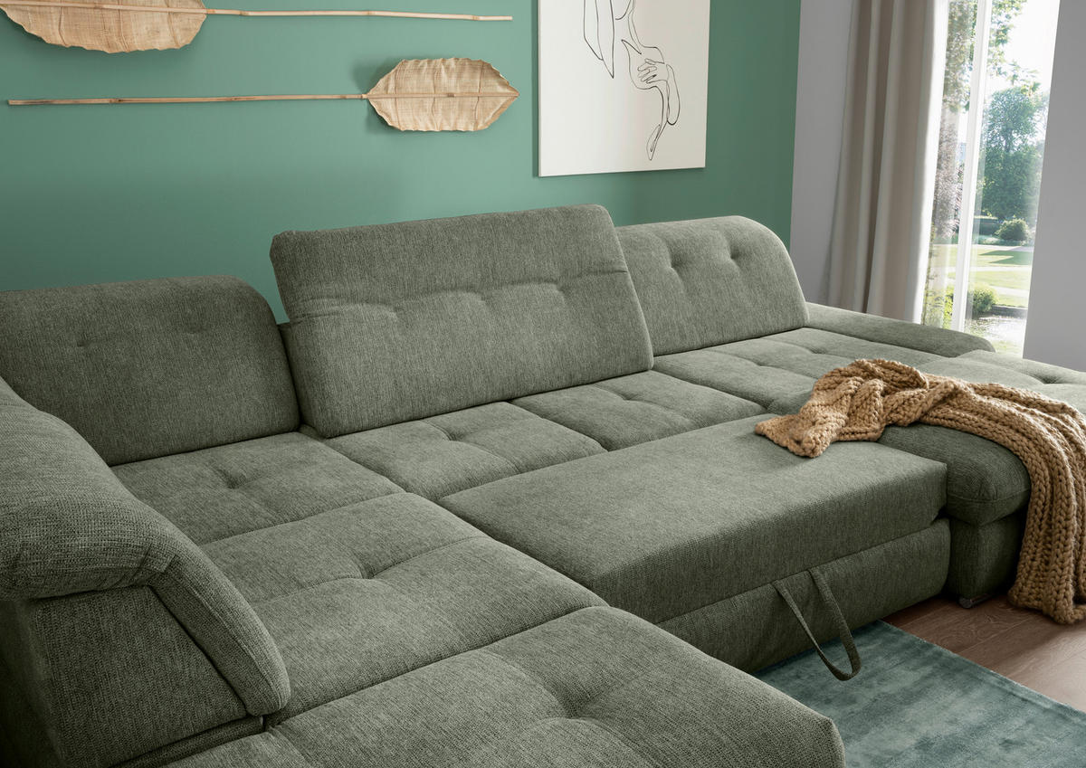 WOHNLANDSCHAFT Dunkelgrün Chenille  - Chromfarben/Dunkelgrün, MODERN, Textil/Metall (254/376/195cm) - Livetastic