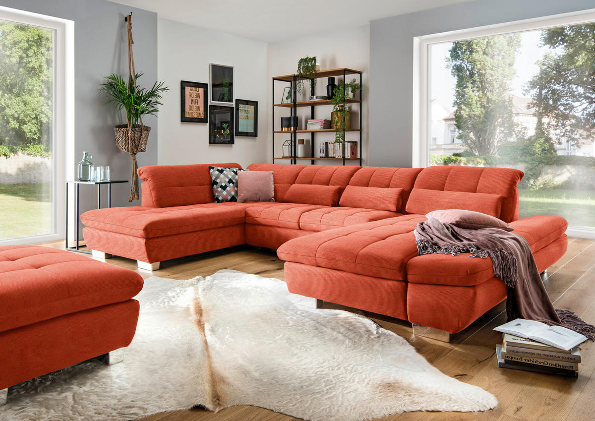WOHNLANDSCHAFT in Mikrofaser Orange  - Chromfarben/Orange, Design, Kunststoff/Textil (211/350/204cm) - Xora
