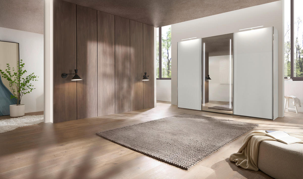 SCHWEBETÜRENSCHRANK 300/236/67 cm 3-türig Weiß  - Chromfarben/Weiß, Design, Glas/Holzwerkstoff (300/236/67cm) - Dieter Knoll