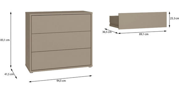 KOMMODE , 95/83/42 cm, 3 Schublade(n)  - Taupe/Silberfarben, Trend, Holzwerkstoff/Kunststoff (95/83/42cm) - Carryhome
