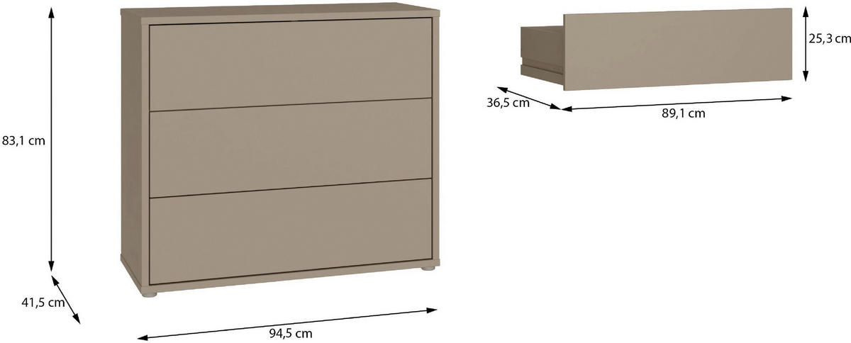 KOMMODE , 95/83/42 cm, 3 Schublade(n)  - Taupe/Silberfarben, Trend, Holzwerkstoff/Kunststoff (95/83/42cm) - Carryhome