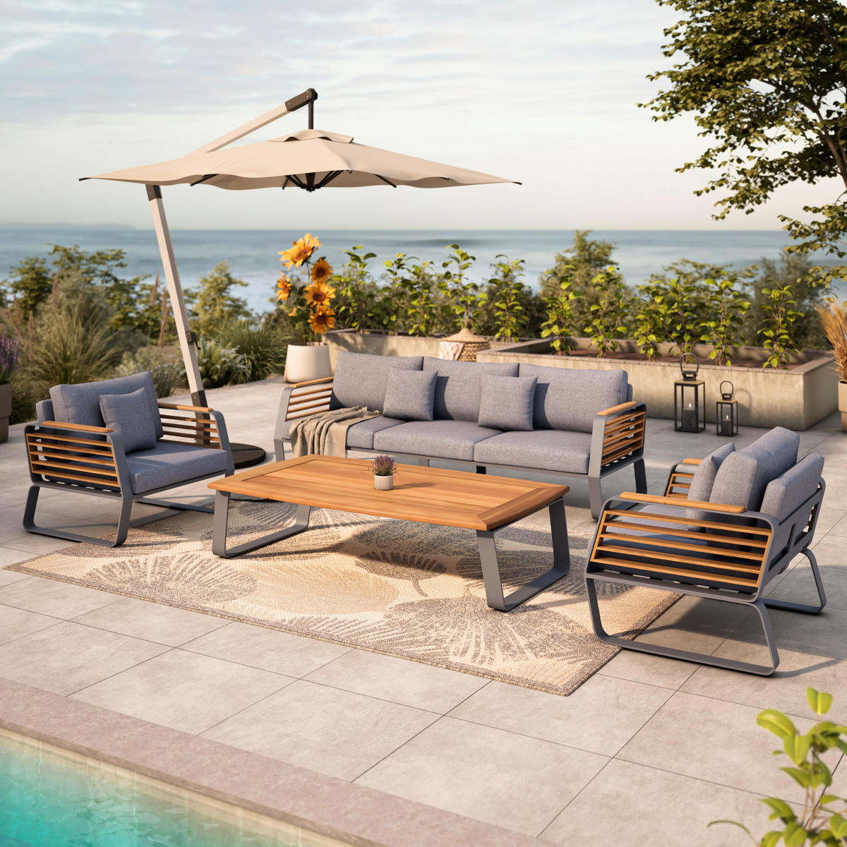 LOUNGEGARNITUR Teakholz Aluminium  - Dunkelgrau, MODERN, Holz/Metall - Ambia Garden