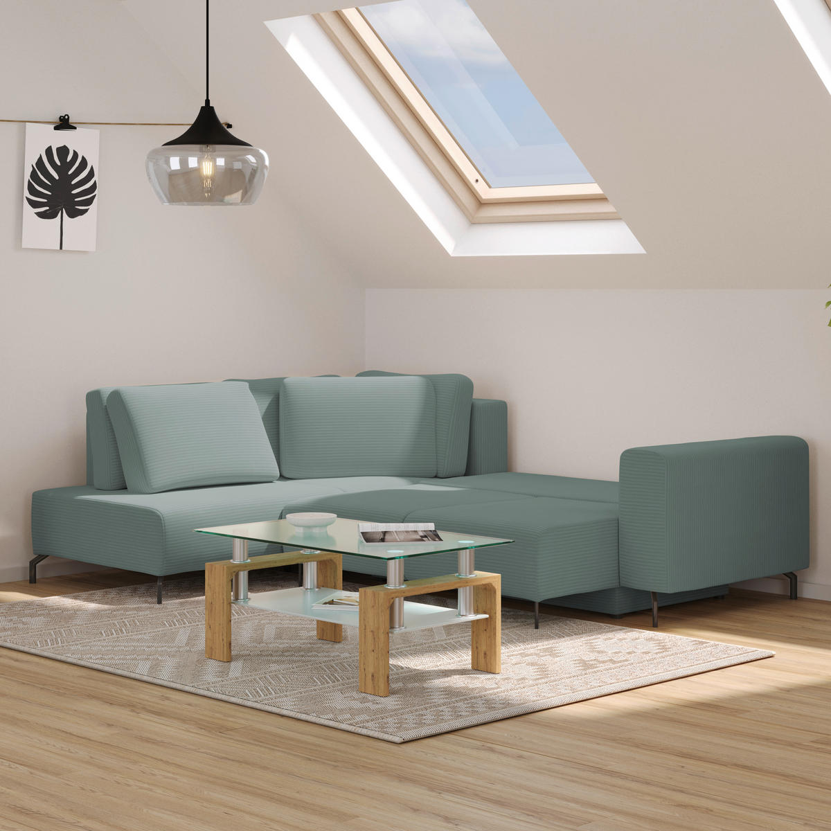 ECKSOFA Graugrün Cord Rückenkissen, Bettkasten  - Schwarz/Graugrün, MODERN, Textil/Metall (210/272cm) - P & B