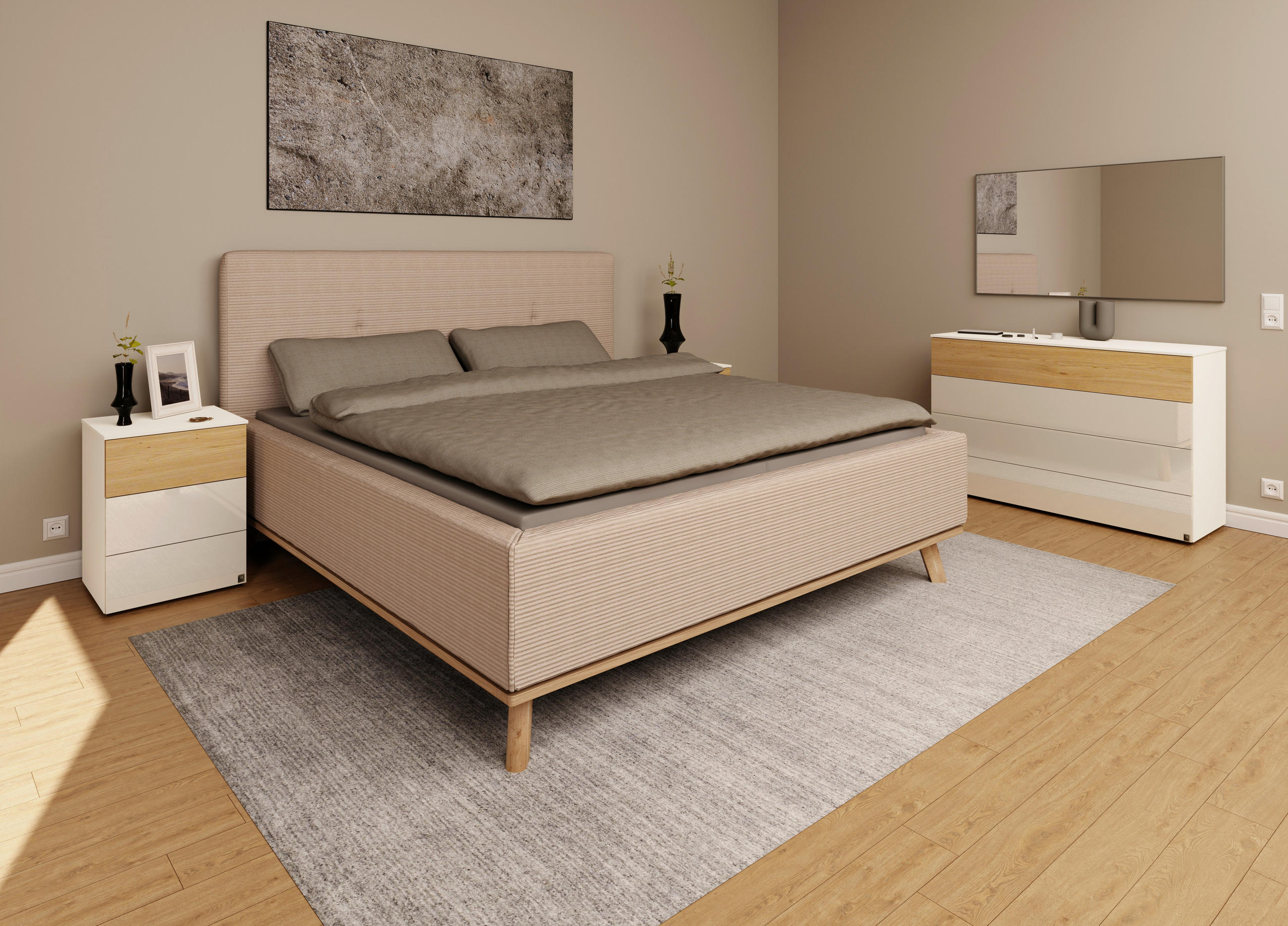 POLSTERBETT Matratze, Lattenrost, Bettkasten 180/200 cm  in Taupe  - Taupe/Eichefarben, Design, Holz/Textil (180/200cm) - Musterring