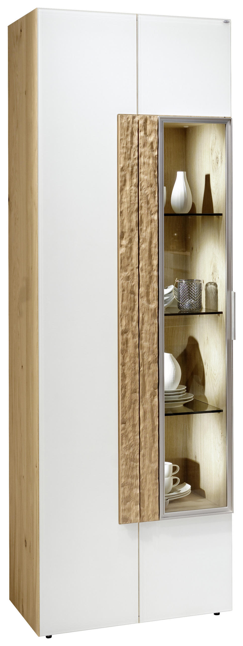 Vitrine in furniert, mehrschichtige Massivholzplatte (Tischlerplatte) Altholz, Eiche Weiß, Eichefarben