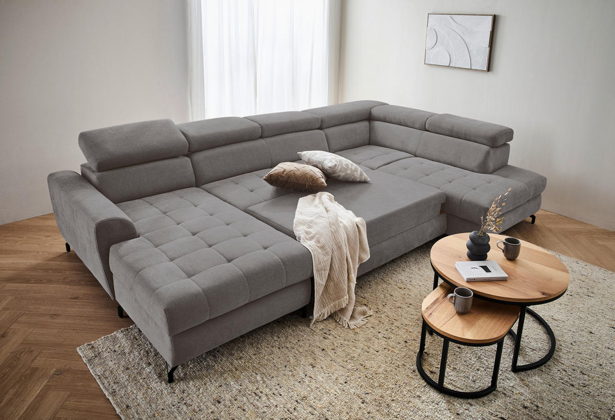 WOHNLANDSCHAFT Grau Struktur  - Schwarz/Grau, Design, Textil/Metall (177/327/203cm) - Stylife