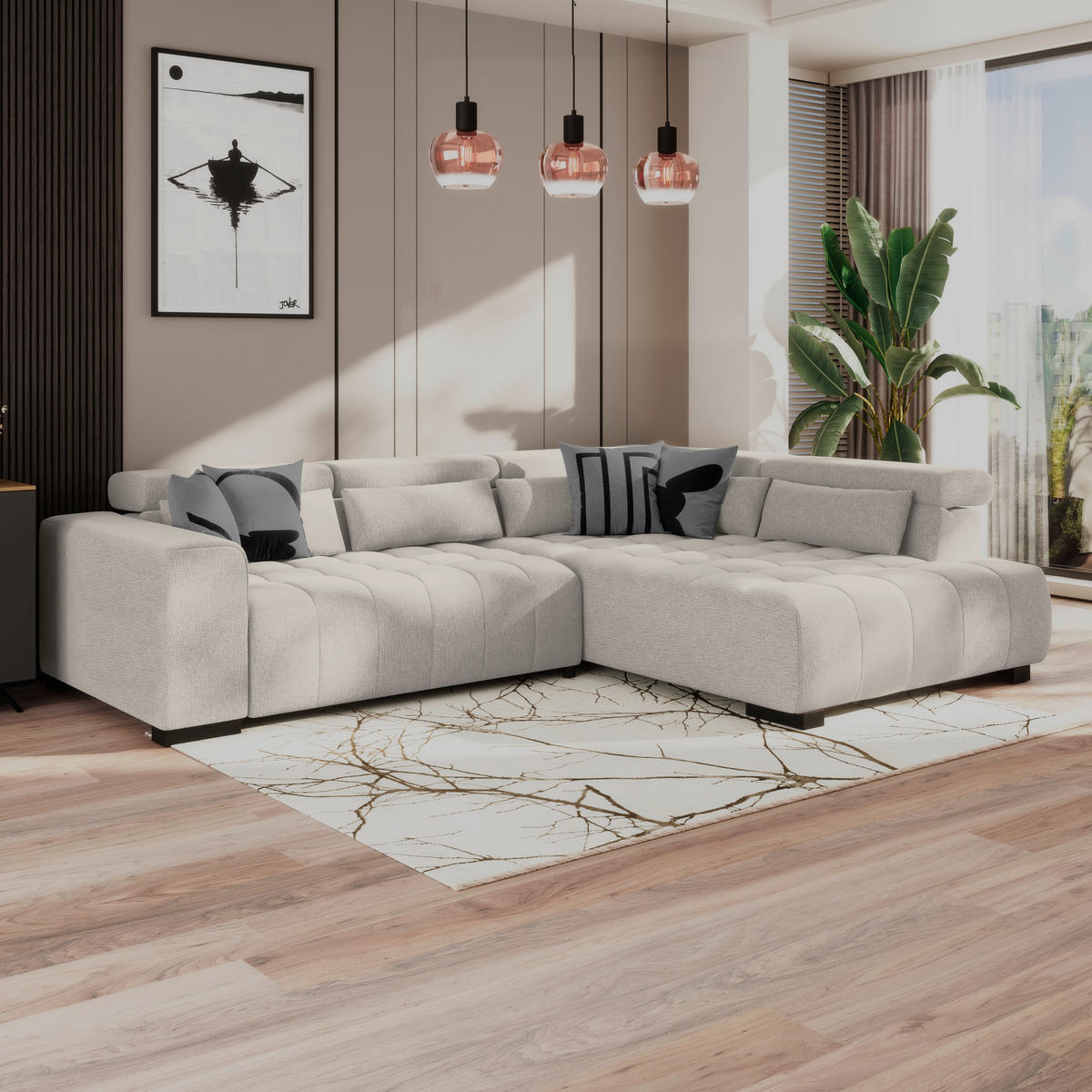 ECKSOFA MATERA Beige Chenille, Struktur Nierenkissen, Kopfteilverstellung, Sitzvorzug  - Beige/Schwarz, Trend, Holz/Textil (311/226cm) - MID.YOU