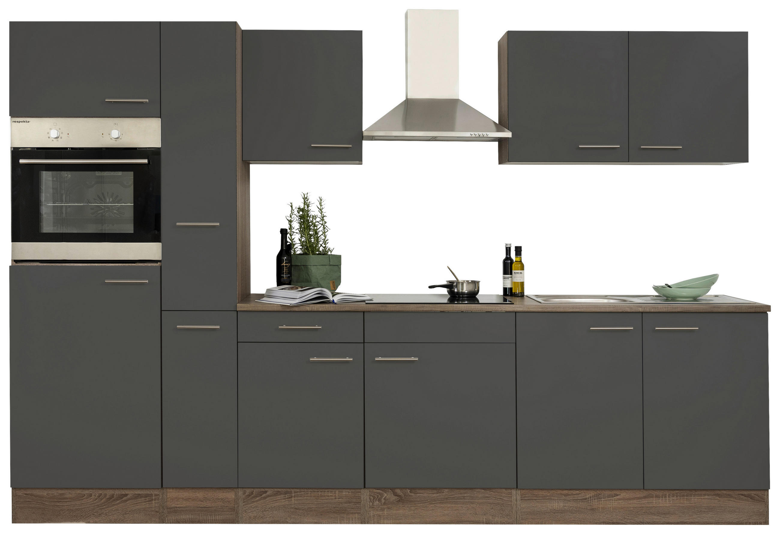 KÜCHENBLOCK 300 cm   in Grau, Eichefarben  - Edelstahlfarben/Eichefarben, Design, Holzwerkstoff/Metall (300cm) - Respekta