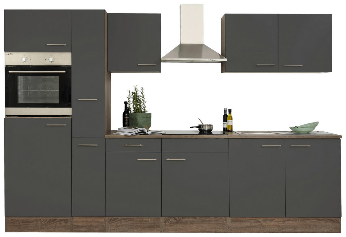 KÜCHENBLOCK 300 cm   in Grau, Eichefarben  - Weiss/Edelstahlfarben, Design, Holzwerkstoff/Metall (300cm) - Respekta