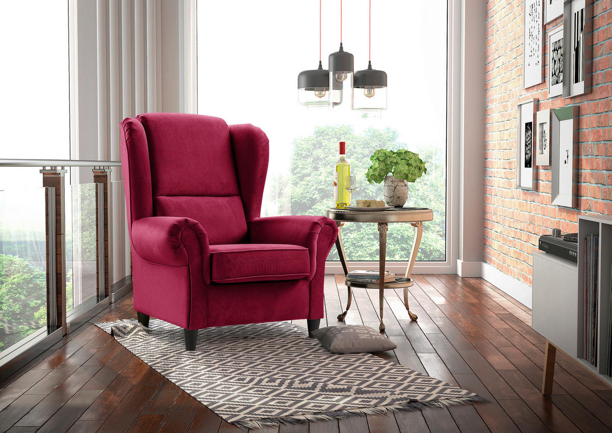 OHRENSESSEL in Plüsch Bordeaux  - Bordeaux/Schwarz, Design, Holz/Textil (94/112/92cm) - MID.YOU