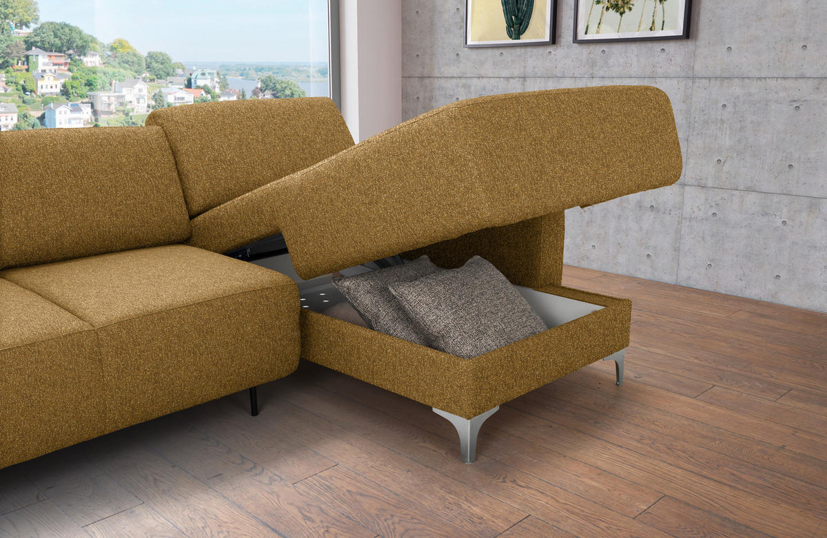ECKSOFA  in Mikrovelours Senfgelb  160/248 cm  - Senfgelb/Alufarben, Design, Textil/Metall (160/248cm) - Sedda