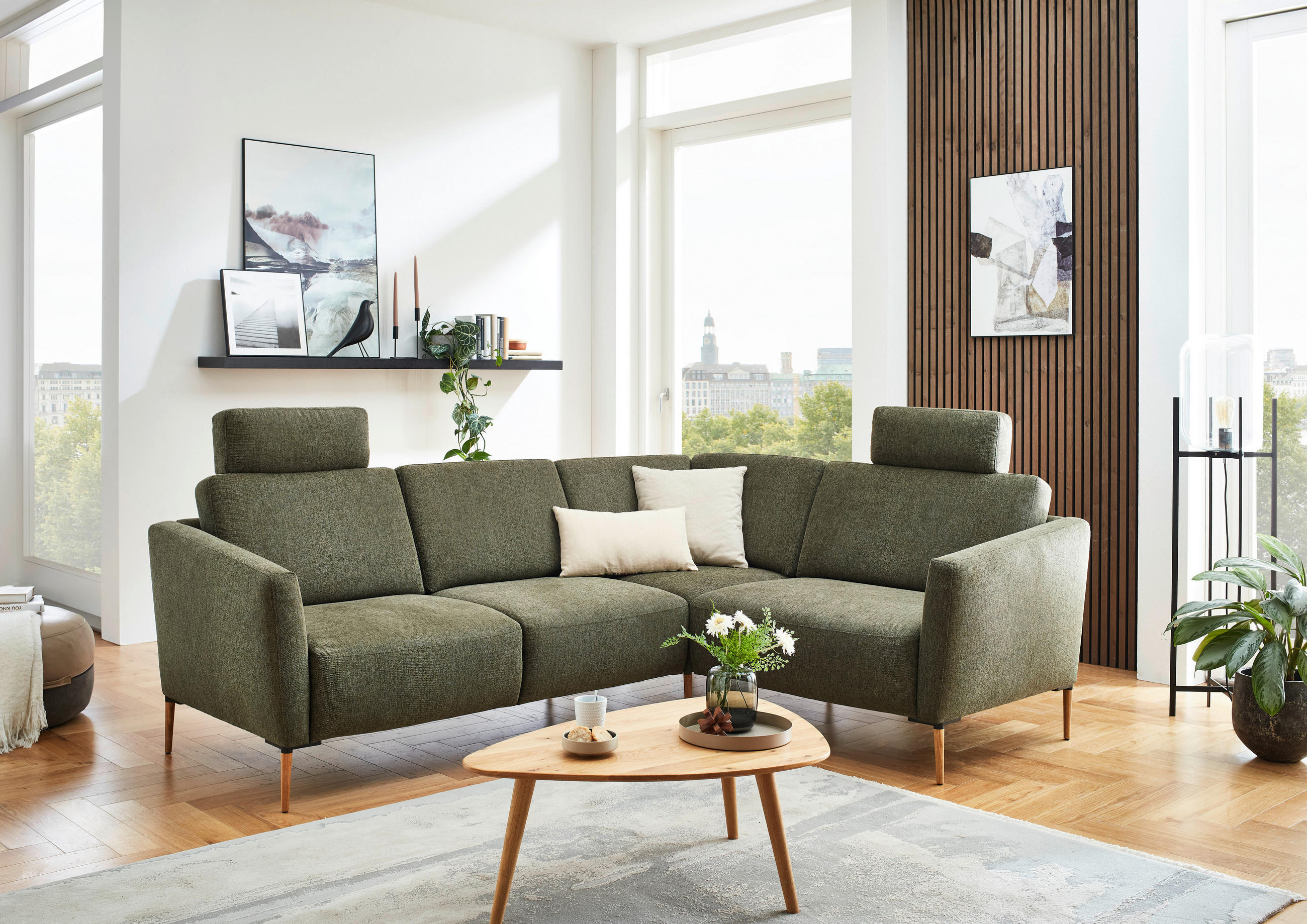 ECKSOFA Olivgrün Flachgewebe  - Eichefarben/Olivgrün, Design, Holz/Textil (238/186cm) - Valnatura
