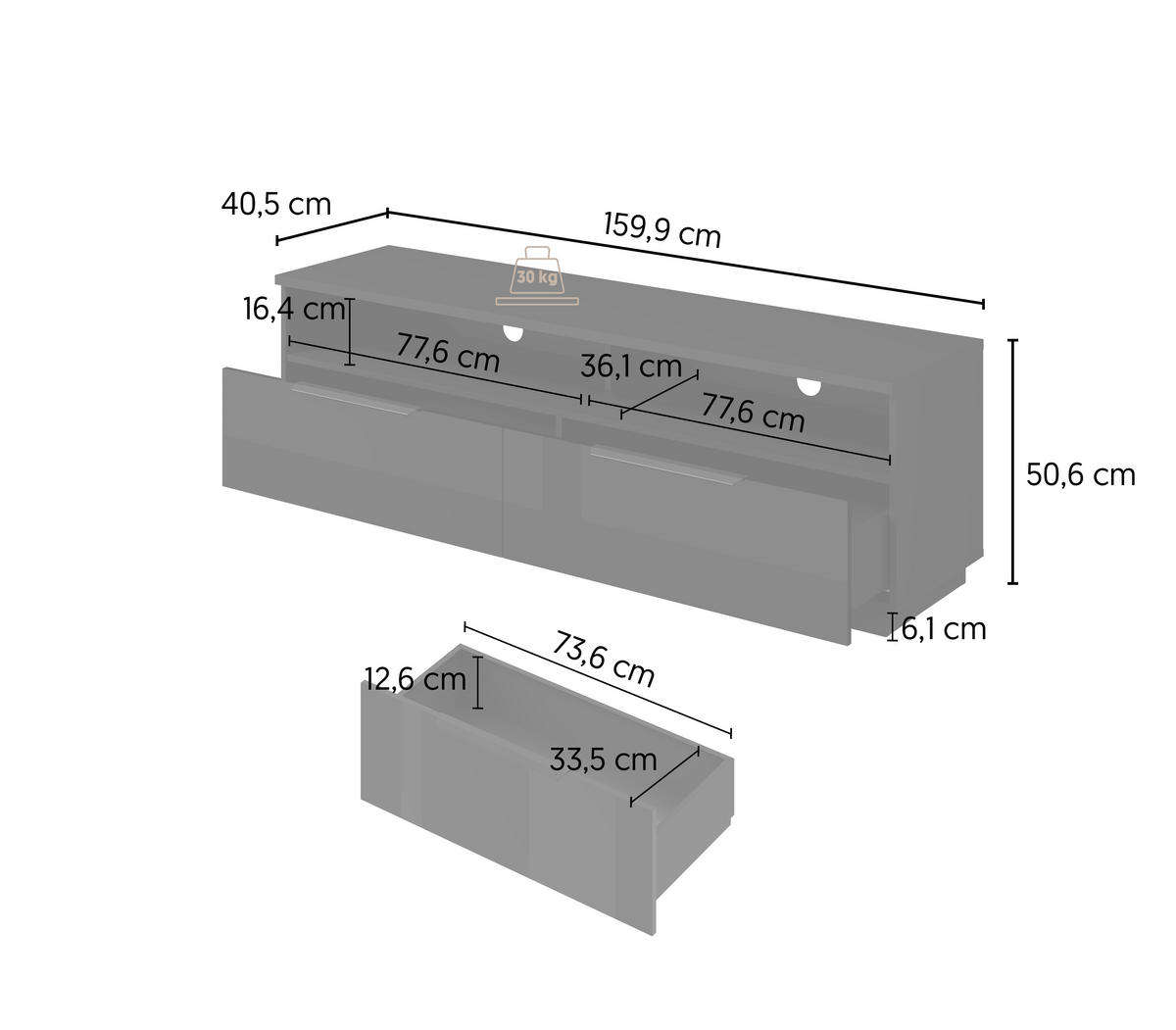 LOWBOARD Tuluza 159,9/50,6/40,5 cm 2 Schublade(n) stehend  - Schwarz Hochglanz/Schwarz, Design, Holzwerkstoff/Metall (159,9/50,6/40,5cm) - MID.YOU