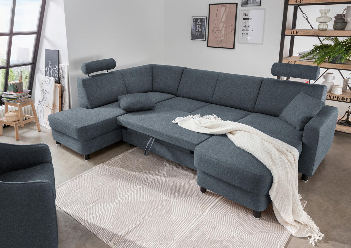 WOHNLANDSCHAFT  in Webstoff Blaugrau  - Blaugrau/Schwarz, Design, Holz/Textil (198/296/165cm) - Xora