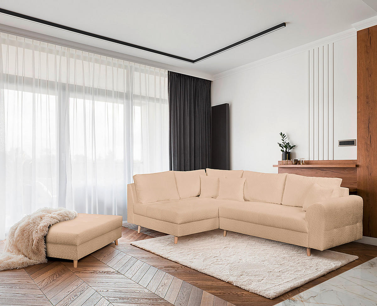 ECKSOFA inkl. Hocker Ariella Beige Bouclé  - Beige/Naturfarben, Design, Holz/Textil (161/231cm) - Livetastic