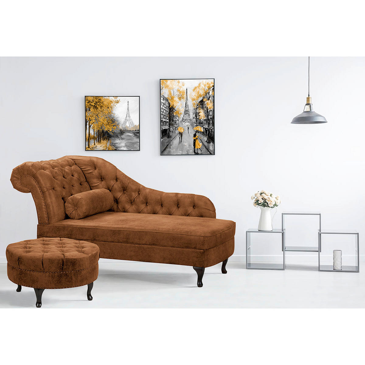 RÉCAMIERE Lederlook Cognac  - Cognac/Braun, Design, Holz/Textil (185/93/75cm) - Livetastic