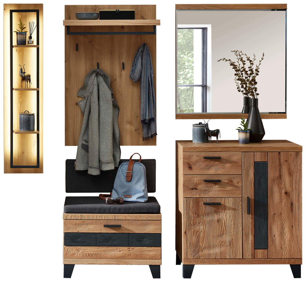 GARDEROBE 7-teilig 215/199/38 cm  - Eichefarben/Grau, Natur, Holz/Holzwerkstoff (215/199/38cm) - Linea Natura