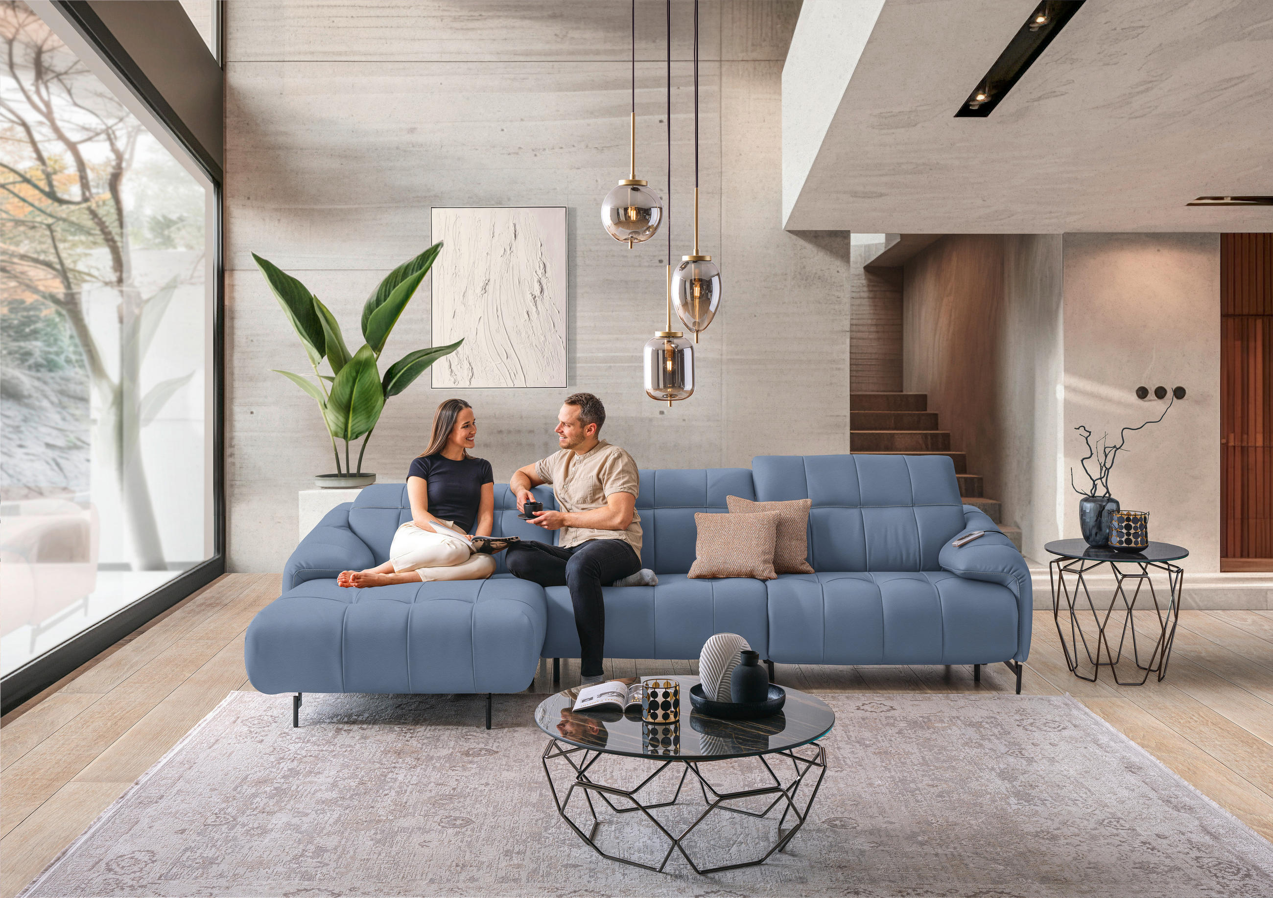 ECKSOFA in Echtleder Hellblau  - Schwarz/Hellblau, Design, Leder/Metall (165/313cm) - Emilio Belluti