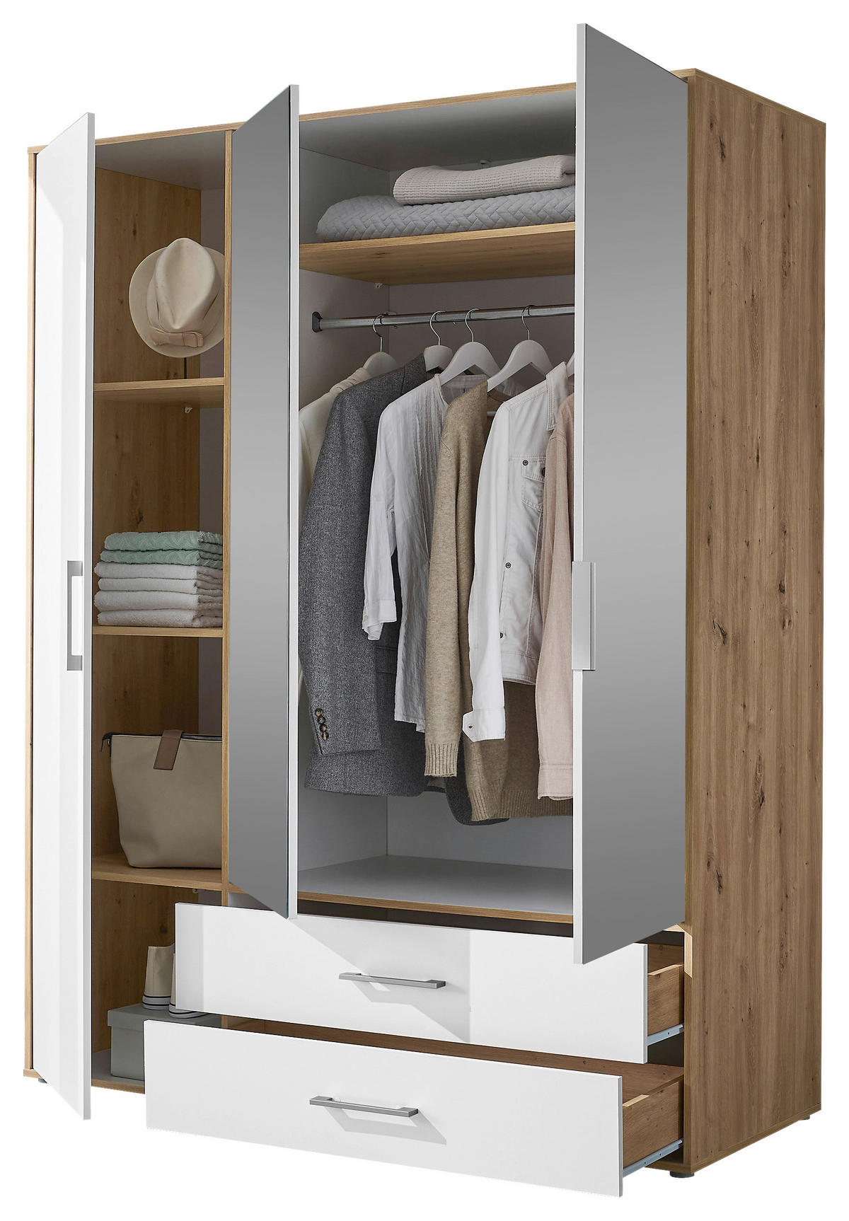 KLEIDERSCHRANK 155/195/60 cm 3-türig Eiche Artisan, Weiß  - Alufarben/Weiß, Basics, Glas/Holzwerkstoff (155/195/60cm)