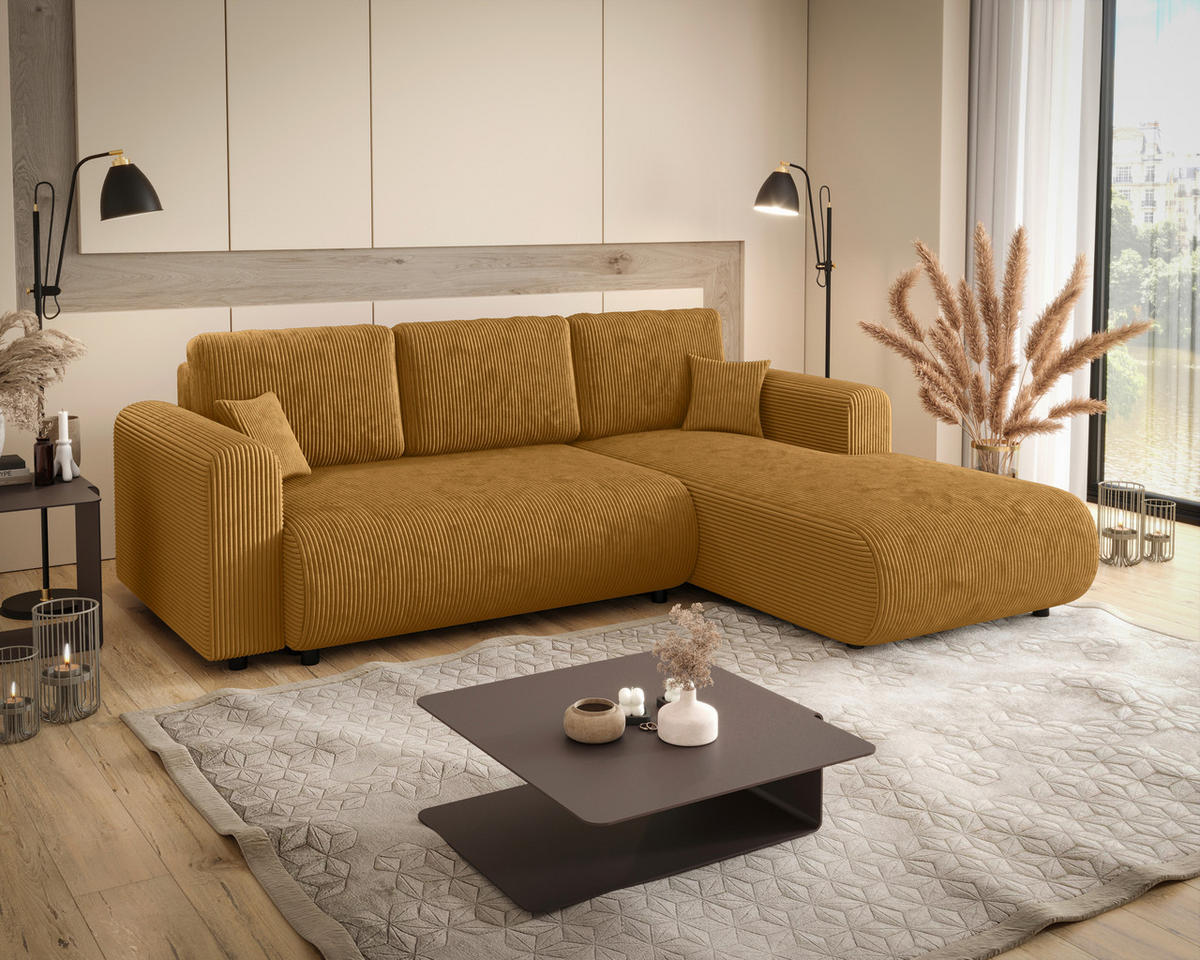 ECKSOFA inkl. Funktionen Senfgelb Cord  - Senfgelb/Schwarz, KONVENTIONELL, Kunststoff/Textil (260/200cm) - Xora