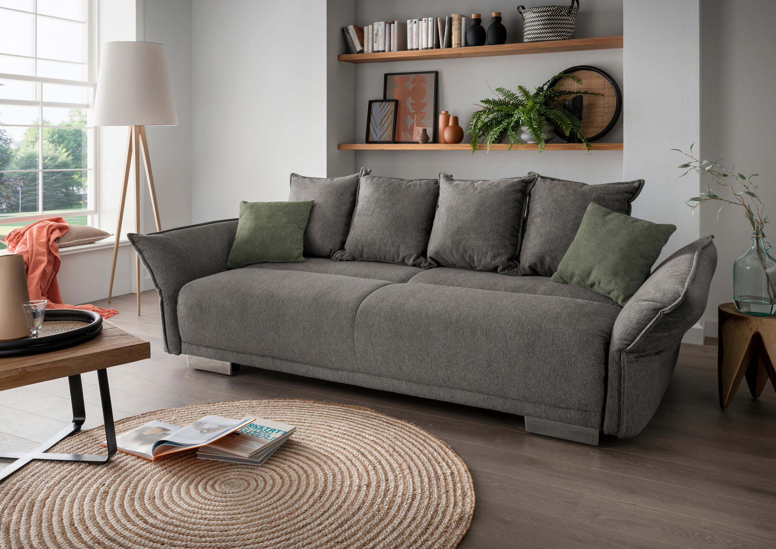 BIGSOFA in Chenille Graubraun  - Chromfarben/Dunkelgrün, MODERN, Kunststoff/Textil (242/71/90/131cm) - Livetastic