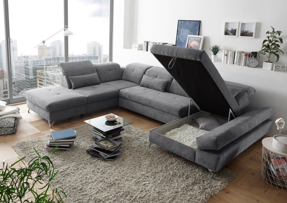 WOHNLANDSCHAFT in Mikrovelours Dunkelgrau  - Dunkelgrau/Silberfarben, Modern, Textil/Metall (245/350/168cm) - MID.YOU