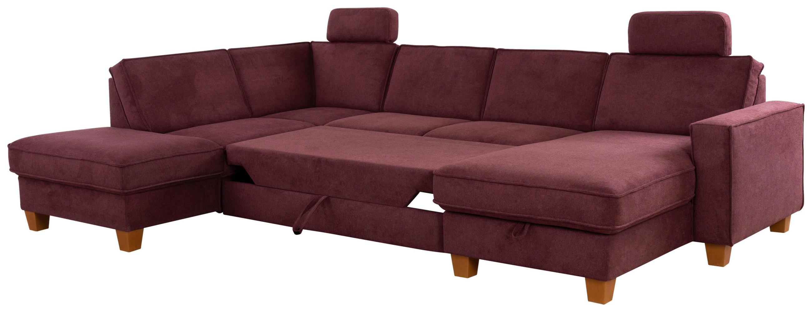 Thumbnail - Sit & More Wohnlandschaft, Dunkelrot, Textil, Buche, massiv, 7-Sitzer, Ottomane links, U-Form, 309x213 cm, Goldenes M, O...