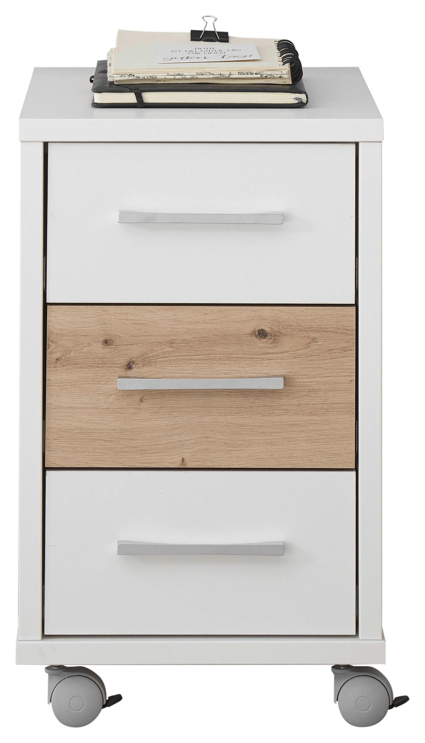 ROLLCONTAINER Weiß, Eichefarben - Chromfarben/Eichefarben, Design, Kunststoff/Metall (35/58/40cm) - Xora