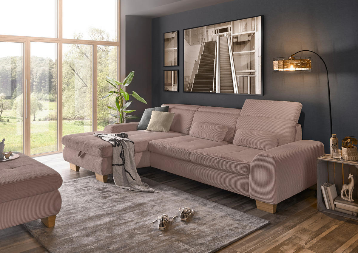 ECKSOFA Rosa Cord  - Eiche Bianco/Rosa, KONVENTIONELL, Holz/Textil (195/307cm) - SetOne by Musterring