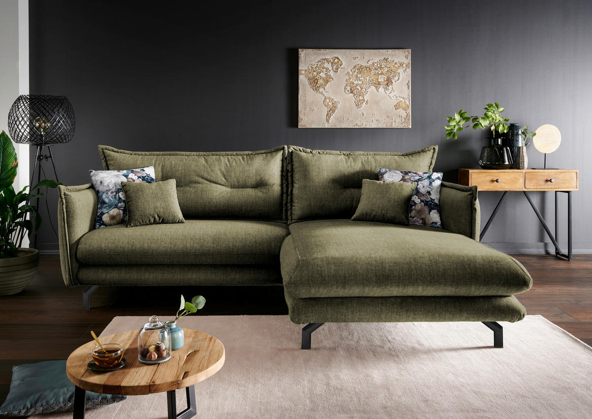 ECKSOFA in Velours Grün  - Türkis/Schwarz, Modern, Textil/Metall (255/180cm) - Livetastic