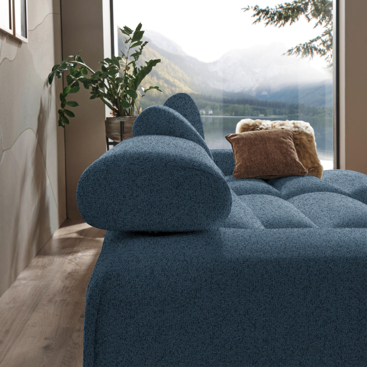 ECKSOFA in Velours Dunkelblau  - Buchefarben/Dunkelblau, Design, Holz/Textil (329/150cm) - Lomoco