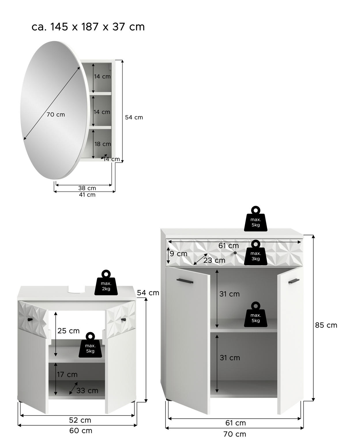 KOPALNICA  bela  - črna/bela, Moderno, kovina/umetna masa (130cm) - MID.YOU