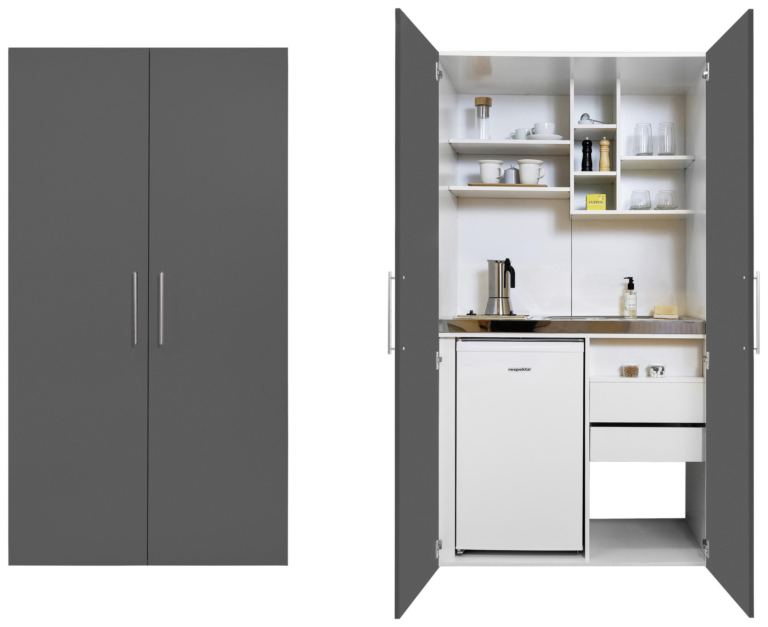 SCHRANKKÜCHE  104/193/67 cm  in Grau  - Edelstahlfarben/Weiß, MODERN, Holzwerkstoff/Metall (104/193/67cm) - Respekta