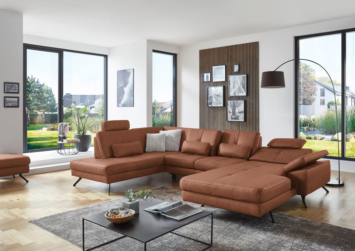 WOHNLANDSCHAFT in Lederlook, Mikrofaser Braun  - Schwarz/Braun, Design, Textil/Metall (220/345cm) - Beldomo System