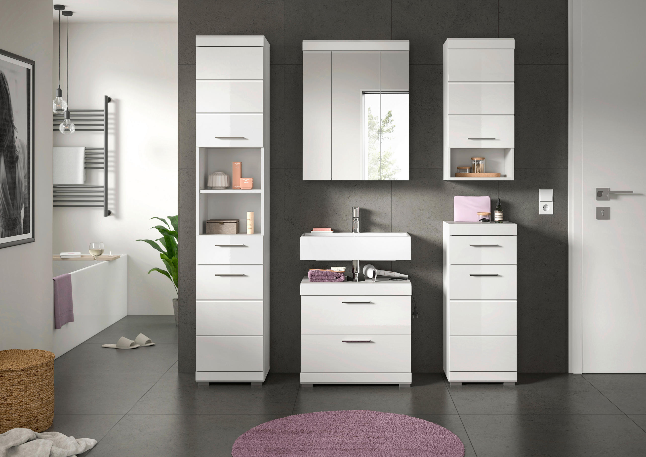 BADEZIMMER 5-teilig  in 134 cm  - Weiß Hochglanz/Silberfarben, MODERN, Glas/Holzwerkstoff (134cm) - MID.YOU