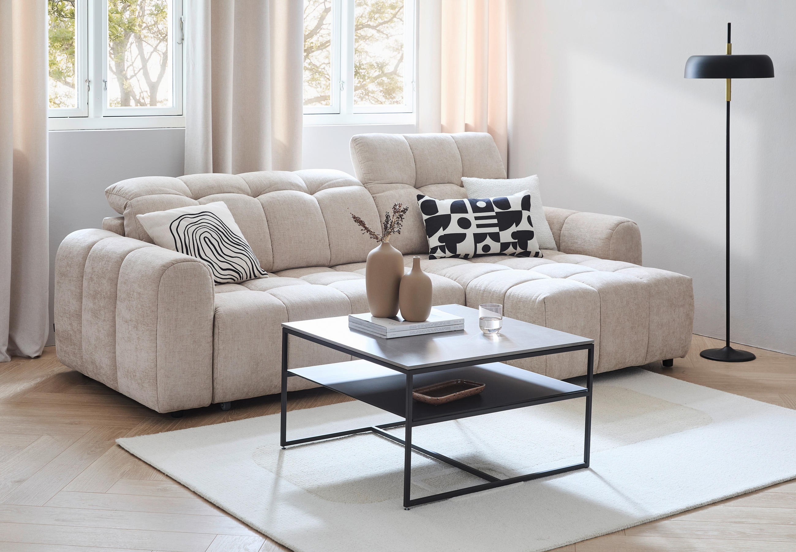 SAROKKANAPÉ fa, fém, műanyag, textil bézs  - bézs/fekete, Design, műanyag/textil (264/160cm) - Xora