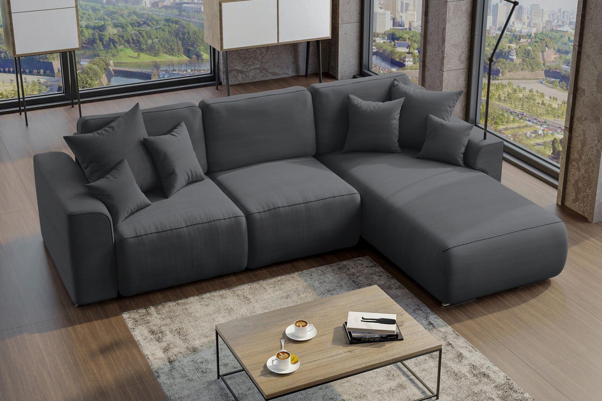 ECKSOFA in Cord Dunkelgrau  - Chromfarben/Dunkelgrau, Konventionell, Kunststoff/Textil (293/195cm) - MID.YOU