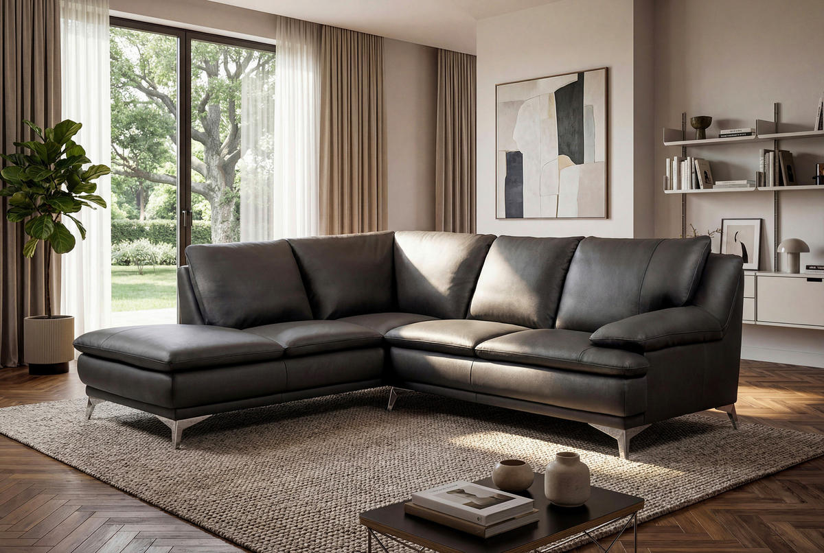 ECKSOFA Schwarz Echtleder  - Chromfarben/Schwarz, Design, Leder/Metall (224/252cm) - Novel
