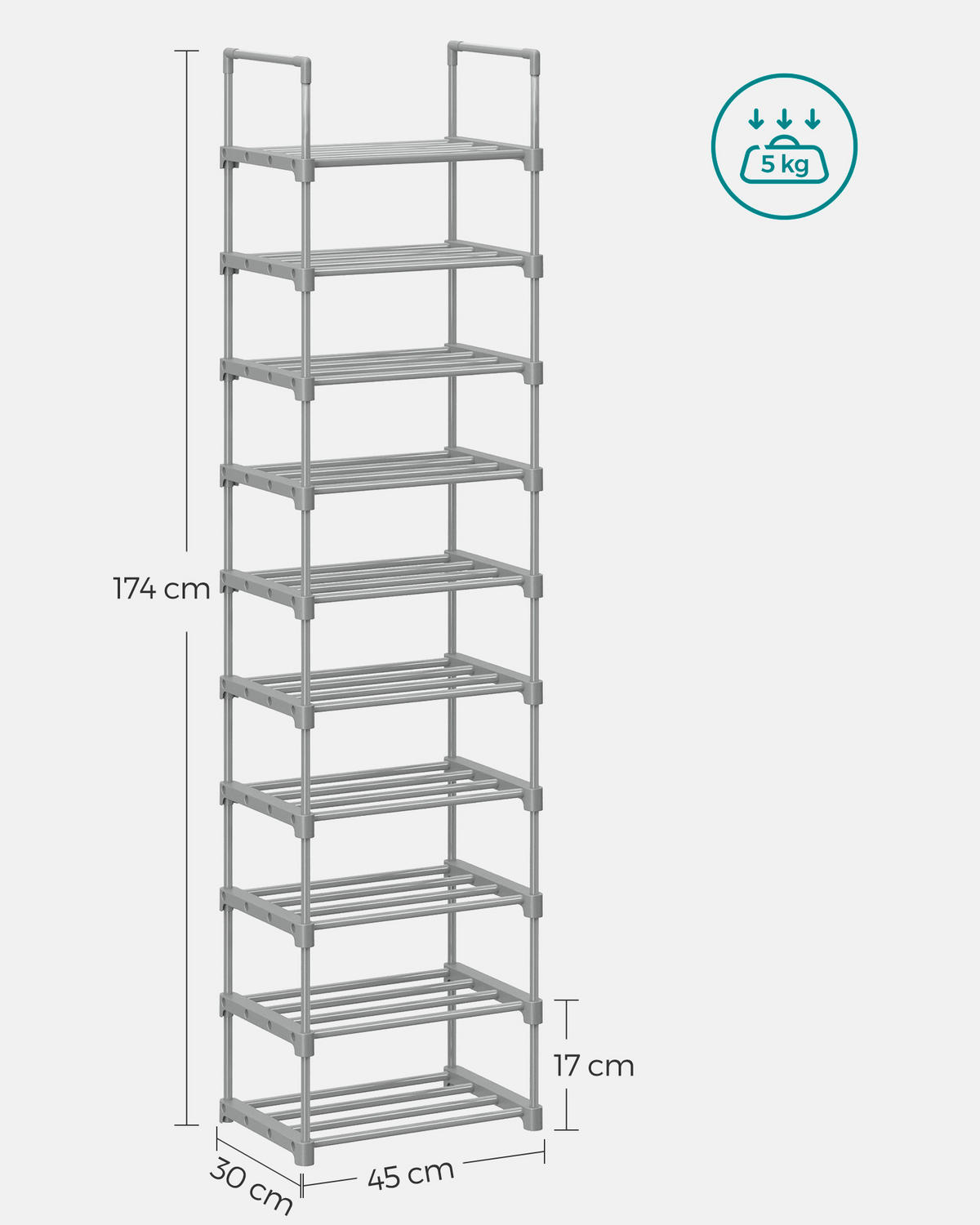 REGÁL NA TOPÁNKY, sivá, 45/174/30 cm - sivá, Trend, kov/plast (45/174/30cm) - Boxxx