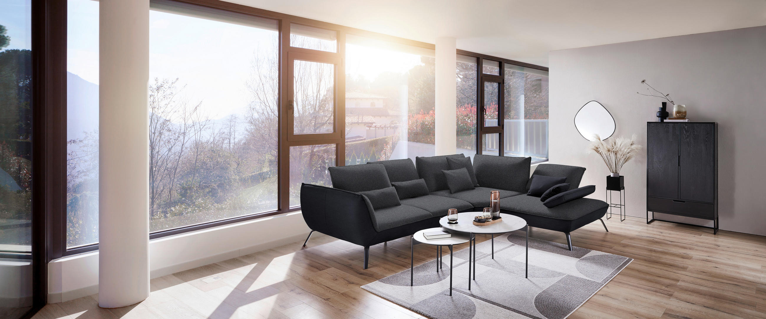 ECKSOFA in Flachgewebe Anthrazit  - Anthrazit/Schwarz, Design, Textil/Metall (310/250cm) - Moderano