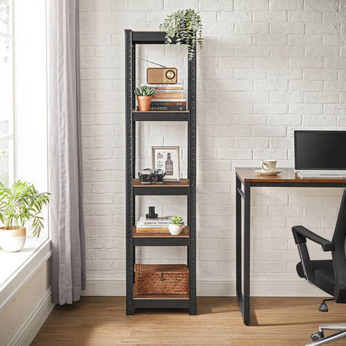 STOJACÍ REGÁL, hnedá, čierna, 37/150/37 cm - hnedá/čierna, Basics, kompozitné drevo (37/150/37cm) - Boxxx