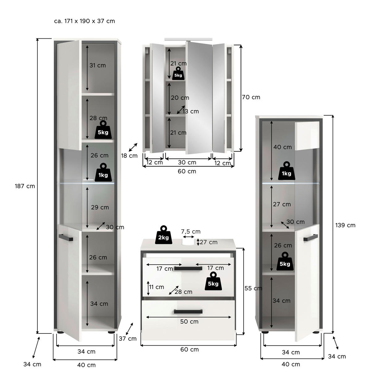BADEZIMMER 4-teilig  in 140 cm  - Weiß Hochglanz/Schwarz, MODERN, Holzwerkstoff/Kunststoff (140cm) - MID.YOU