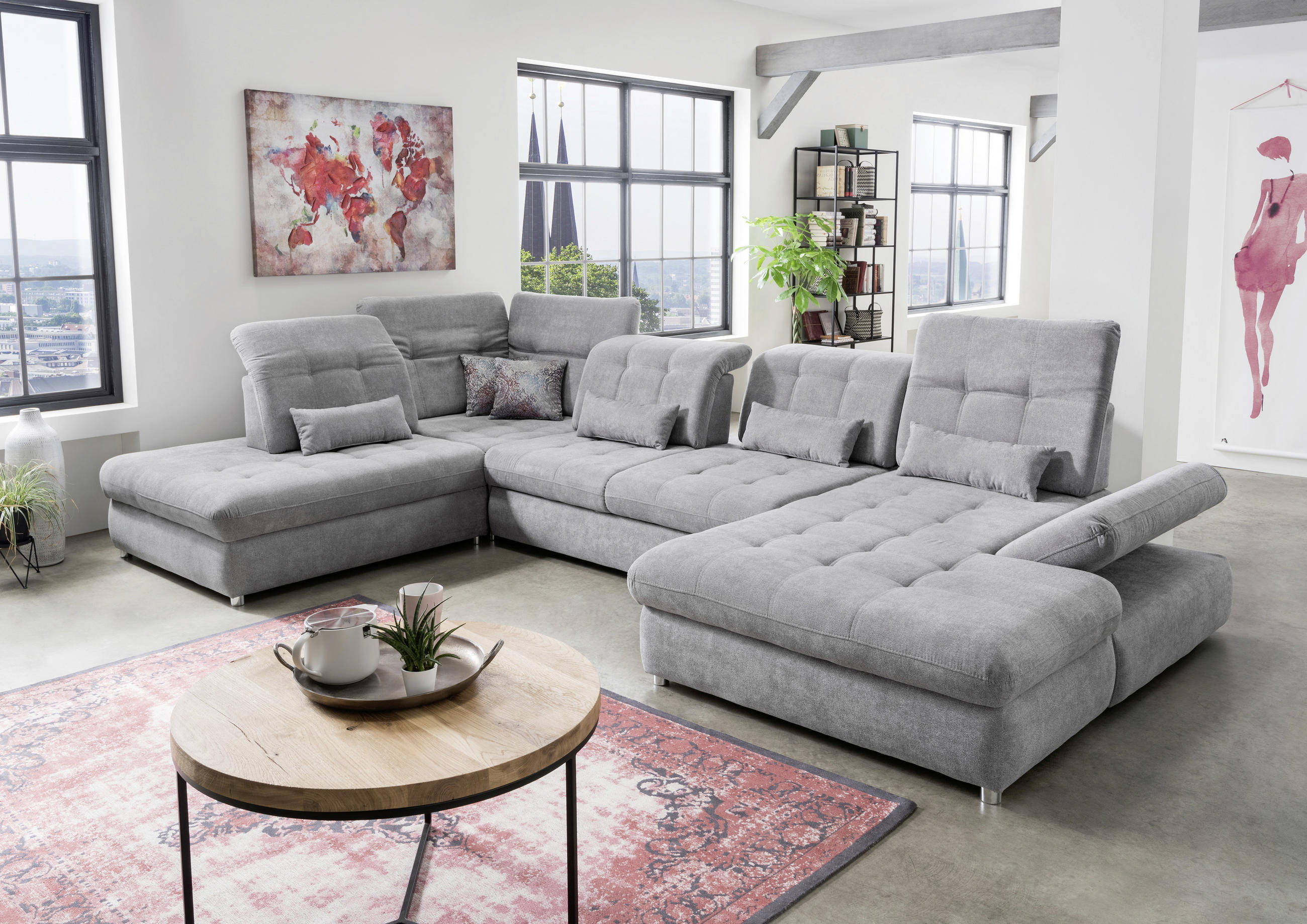 WOHNLANDSCHAFT Grau Mikrofaser - Chromfarben/Grau, KONVENTIONELL, Kunststoff/Textil (237/387/186cm) - Livetastic