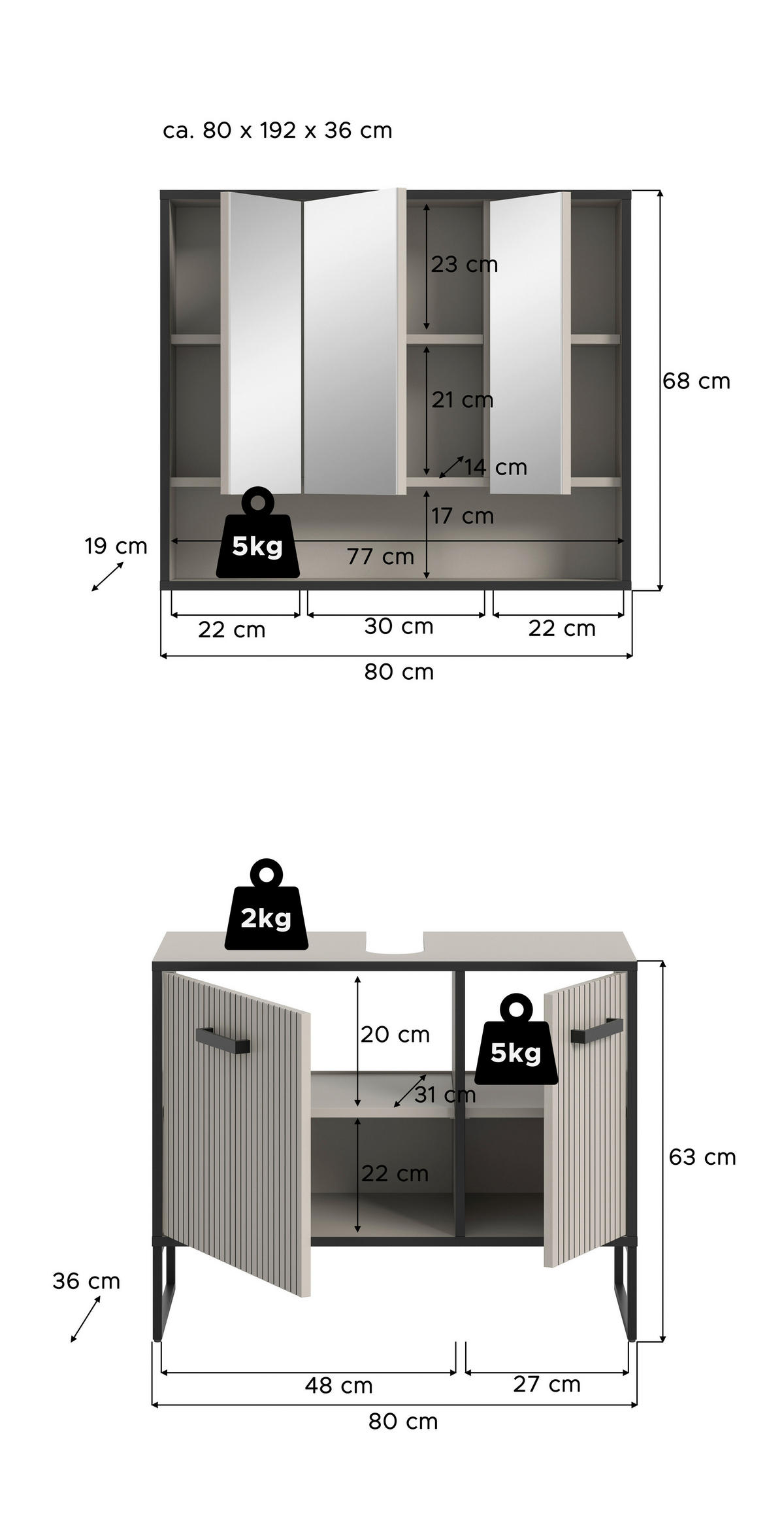 BADEZIMMER 2-teilig  in 80 cm  - Kaschmir/Schwarz, MODERN, Holzwerkstoff/Metall (80cm) - MID.YOU