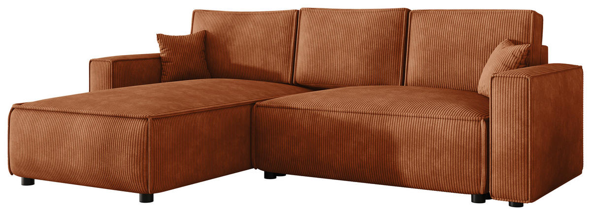 ECKSOFA Rostfarben Cord Zierkissen, Rückenkissen, Bettkasten, Schlaffunktion, Rücken echt, Liegefläche im Originalstoff  - Rostfarben/Schwarz, MODERN, Kunststoff/Textil (190/280cm) - Carryhome