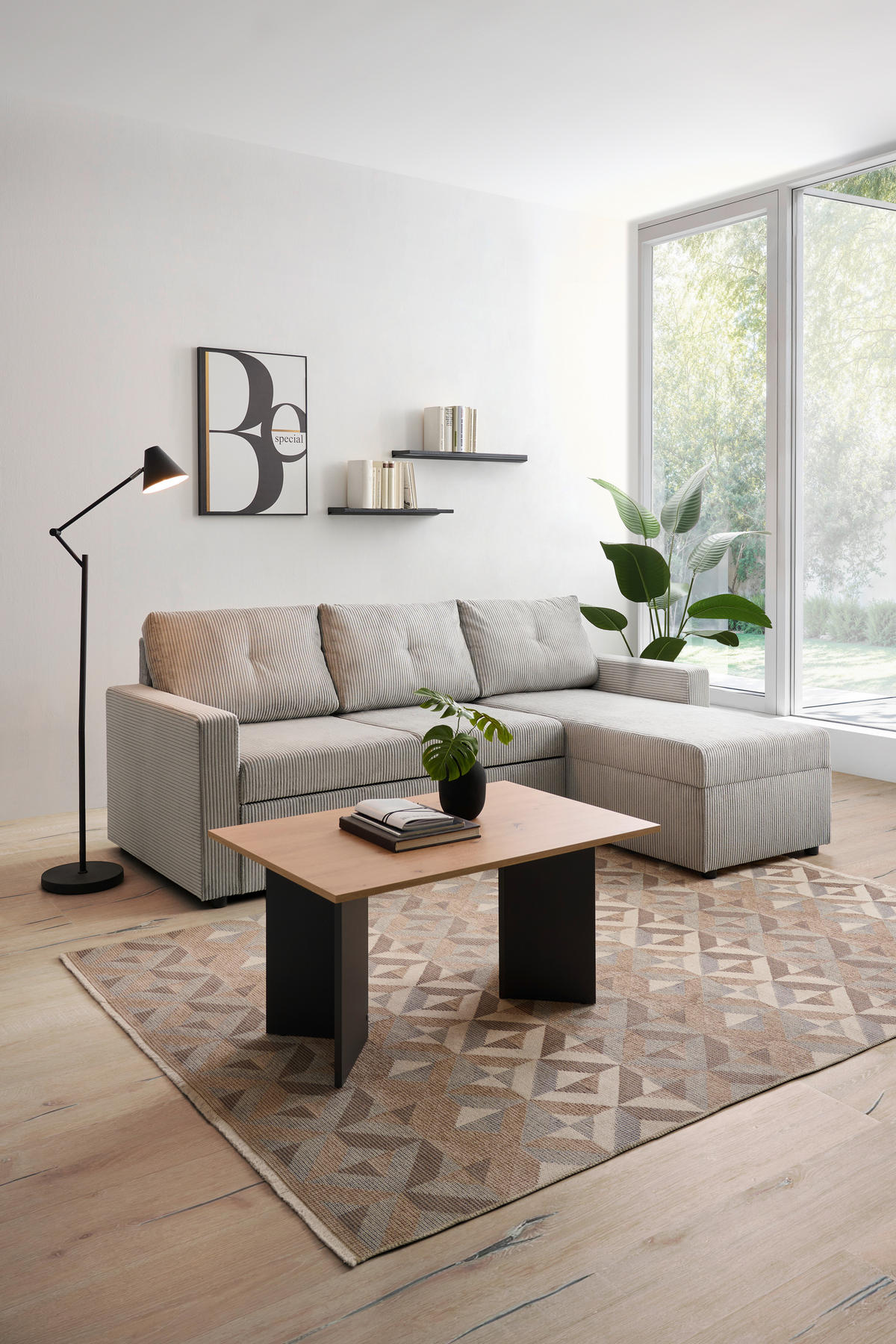 ECKSOFA Hellgrau Cord  - Hellgrau/Schwarz, KONVENTIONELL, Kunststoff/Textil (218/155cm) - Ti'me