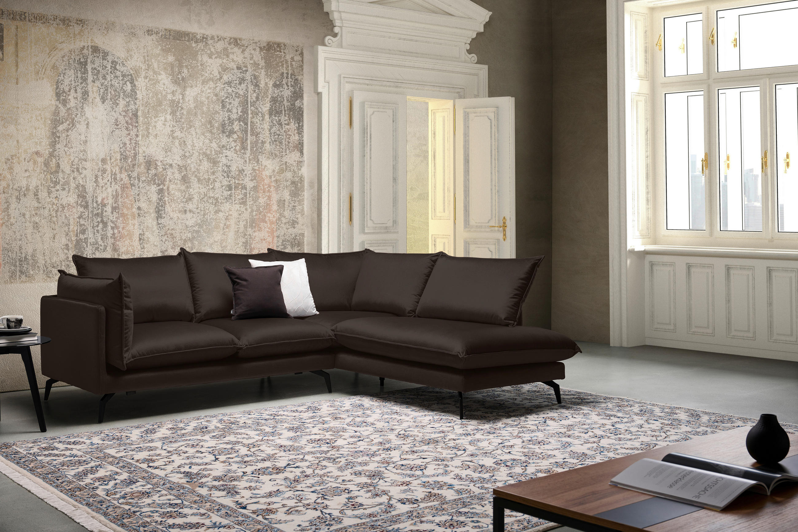 ECKSOFA in Samt Dunkelbraun  - Dunkelbraun/Schwarz, Design, Textil/Metall (241/200cm) - Carryhome