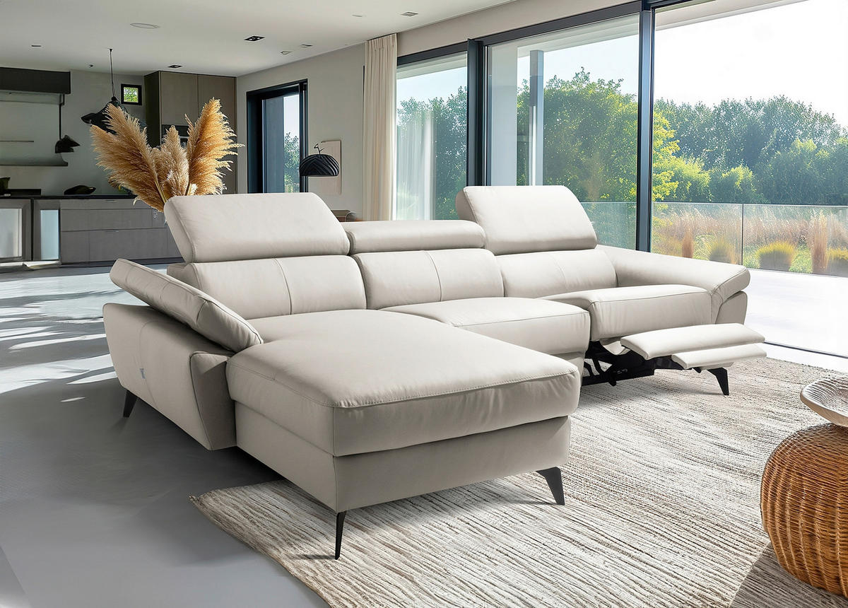 ECKSOFA SONO in Lederlook Echtleder Platinfarben Armteilverstellung, Kopfteilverstellung  179/252 cm  - Platinfarben/Schwarz, Design, Leder/Textil (179/252cm) - Livetastic