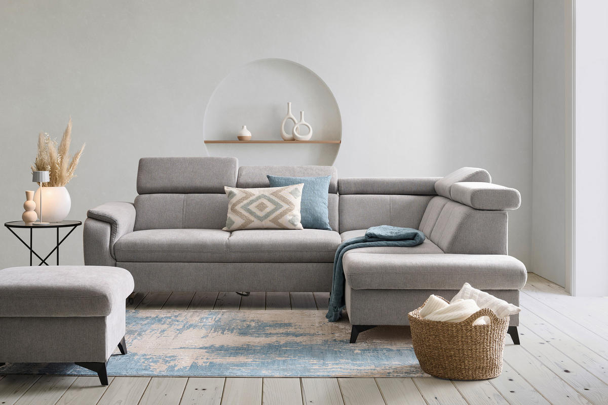 ECKSOFA in Chenille Grau  - Schwarz/Grau, Design, Textil/Metall (260/203cm) - Stylife
