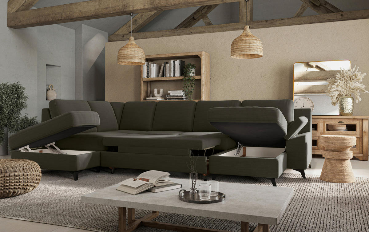 WOHNLANDSCHAFT in Flachgewebe Dunkelgrün  - Dunkelgrün/Schwarz, KONVENTIONELL, Textil/Metall (204/309/156cm) - Cotta